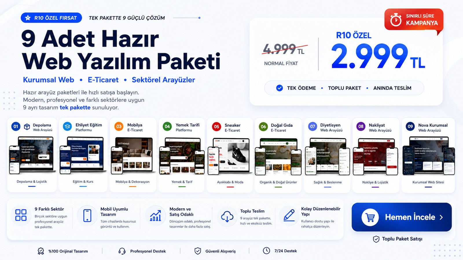 9 adet hazır web yazılım paketi tanıtım görseli